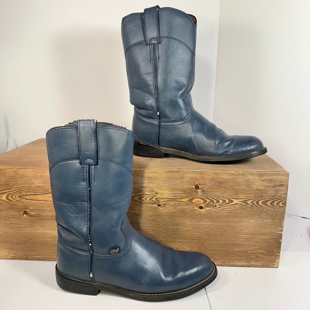 Justin Basics VTG Western Roper Boots Womens 7 Blue Leather Cowboy Cowgirl Rodeo